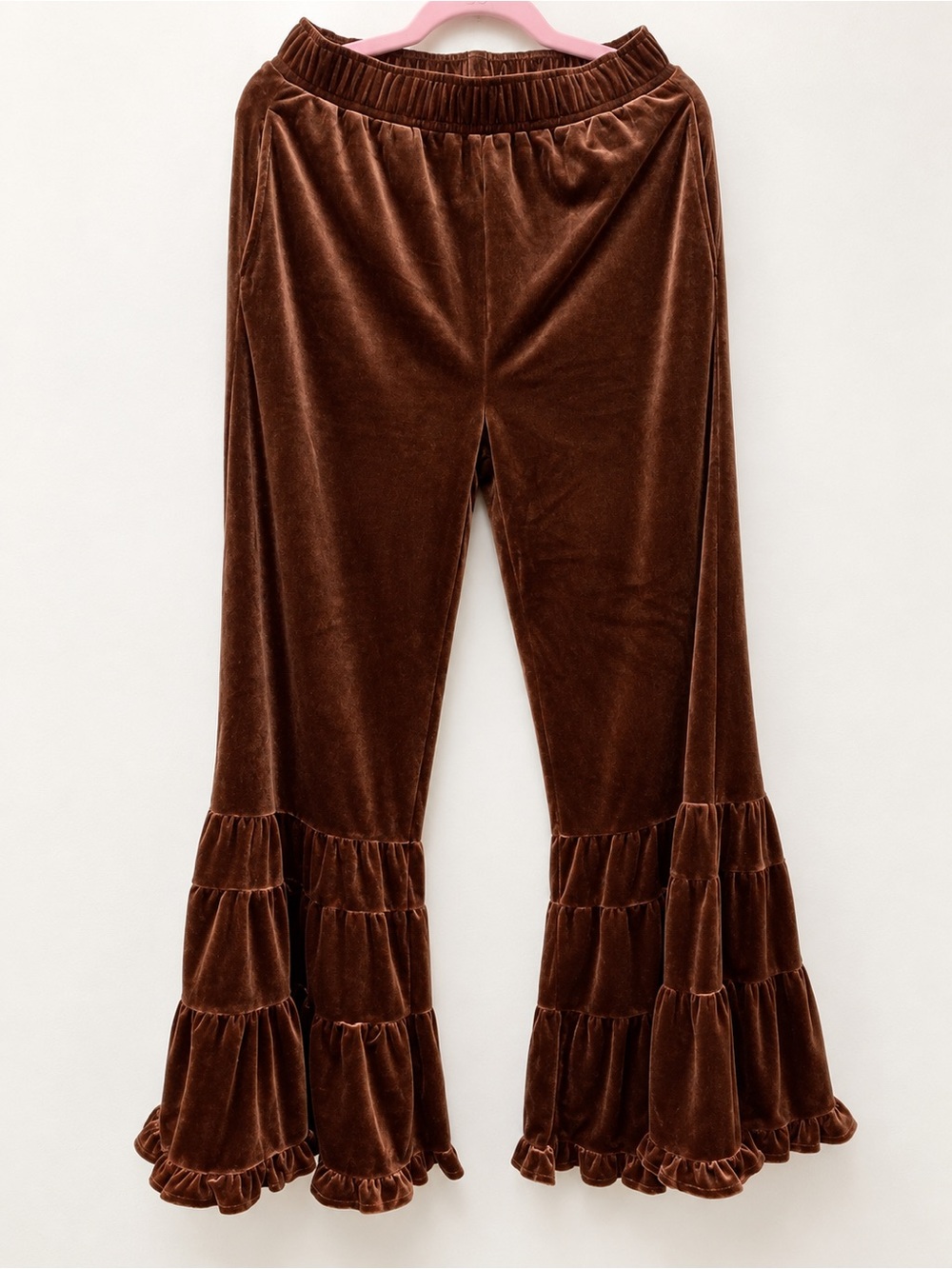 Umgee Brown Velvet Ruffle Flare Pants